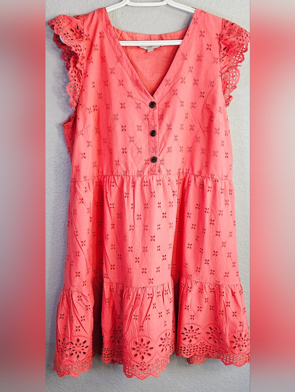 LOFT Size 14 Coral Eyelet Flutter Sleeve Dress